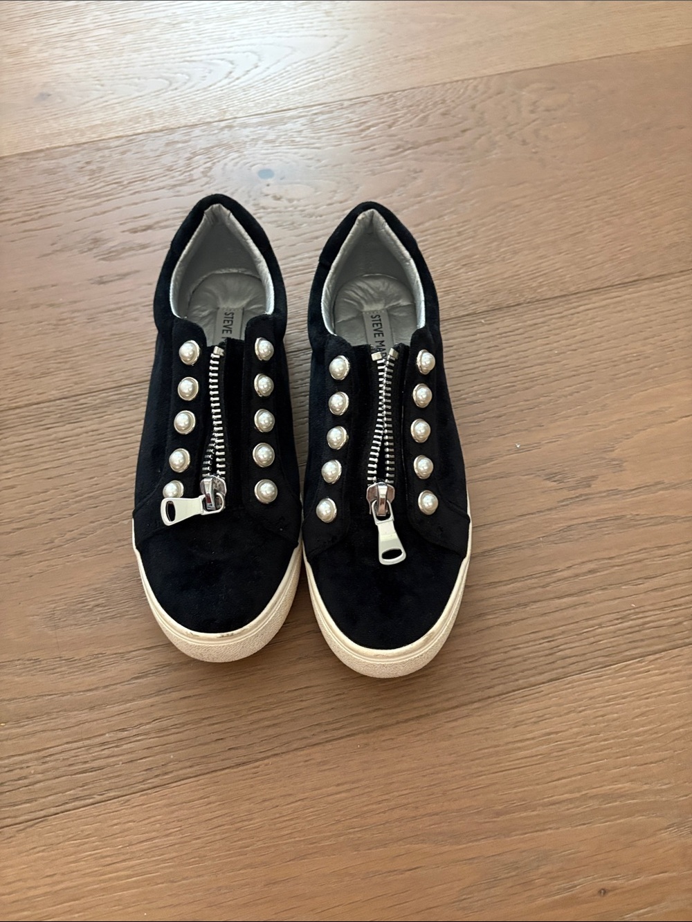 Steve Madden Black Pearl-Stud Zip Slip-On Sneakers